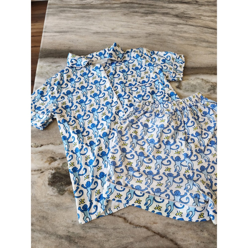 Blue Monkey Banana Print Pajama Shortie Set White Blue Short Sleeve Loungewear